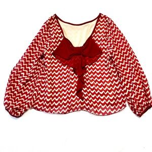 Crece Chevron Blouse Womens Medium Red Beige Bow Tie Neck Long Sleeve Top